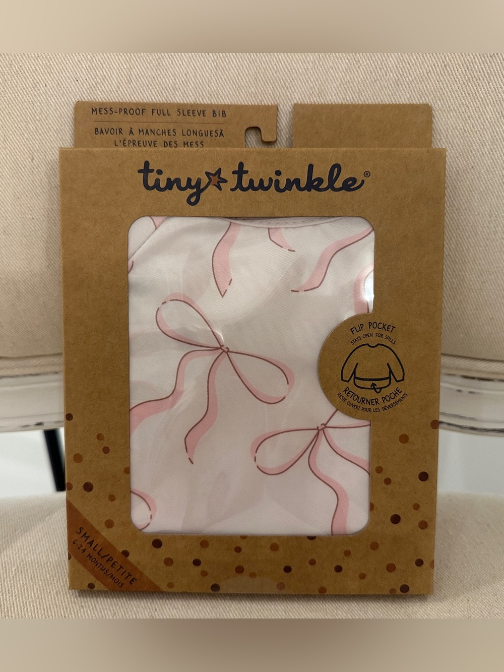 🎀 NWT Tiny Twinkle Mess-Proof Bow Baby Bib Long Sleeve 6-24M